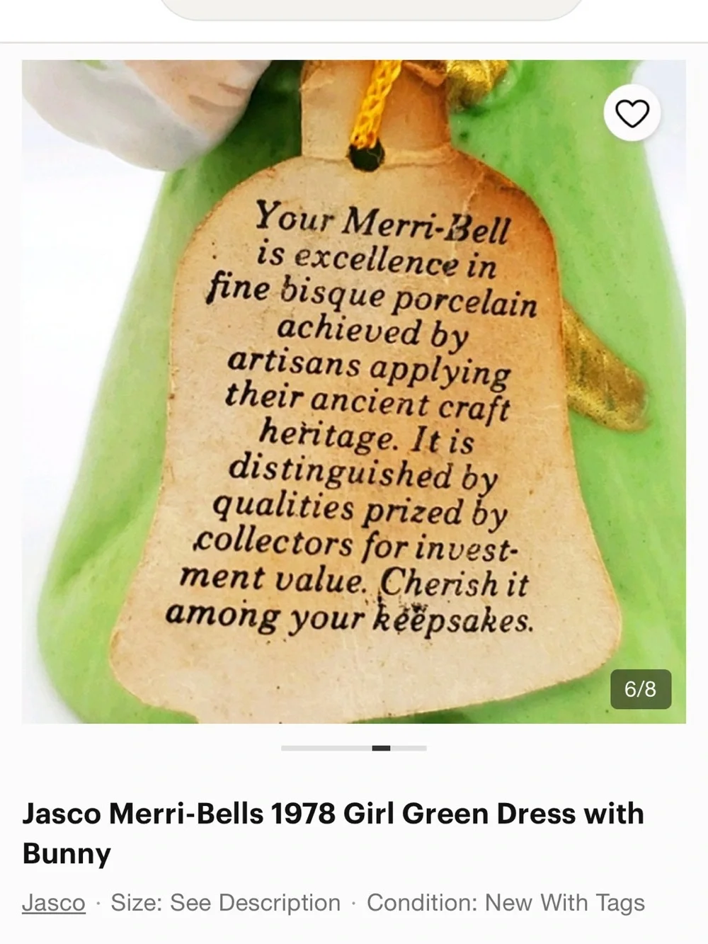 JASCO Vintage 1978 Merri Bells - Green Girl Figurine Holiday Decor with Bunny